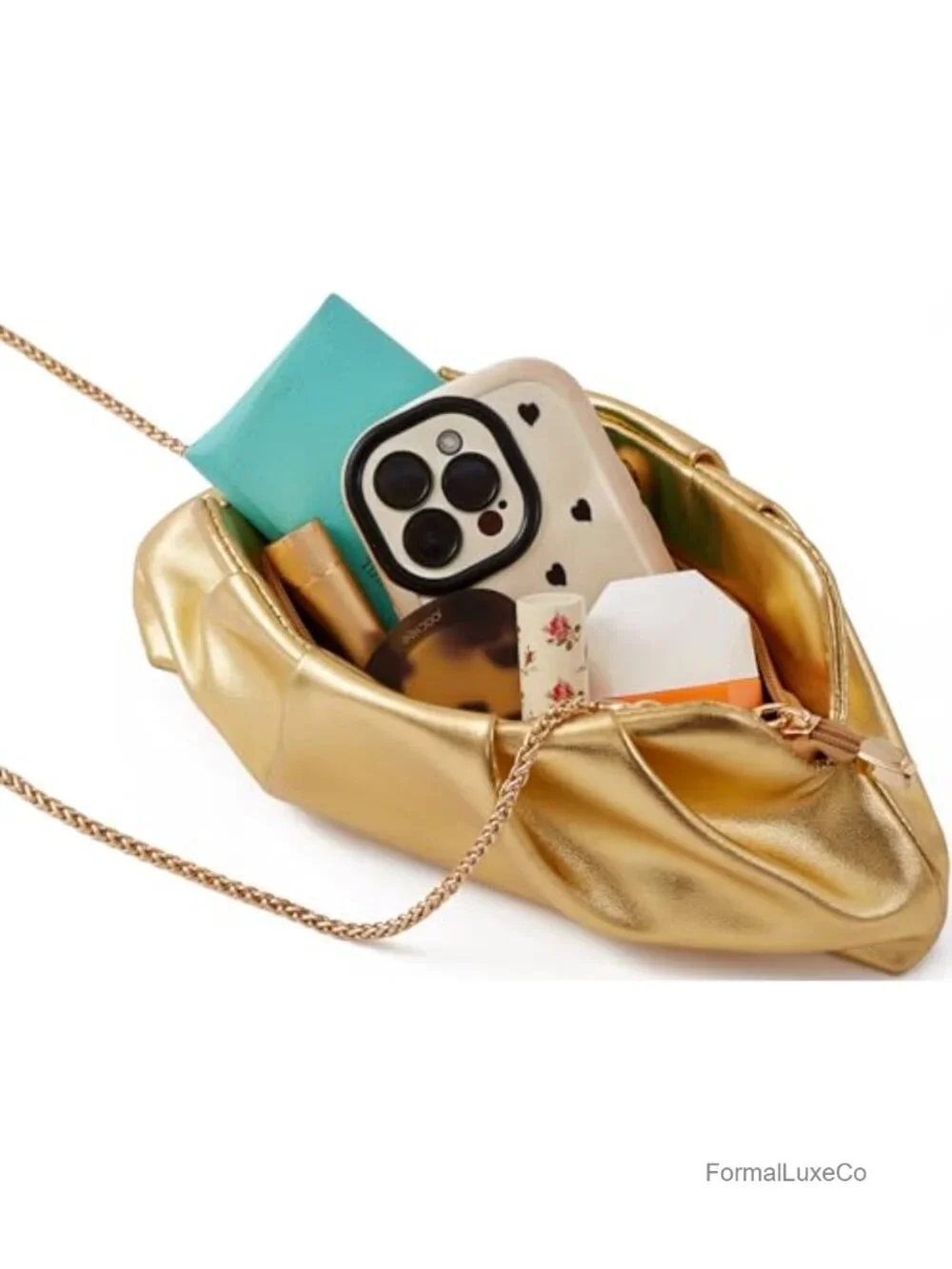 Ruched Metallic Faux Leather Clutch Purse with Detachable Chain Strap